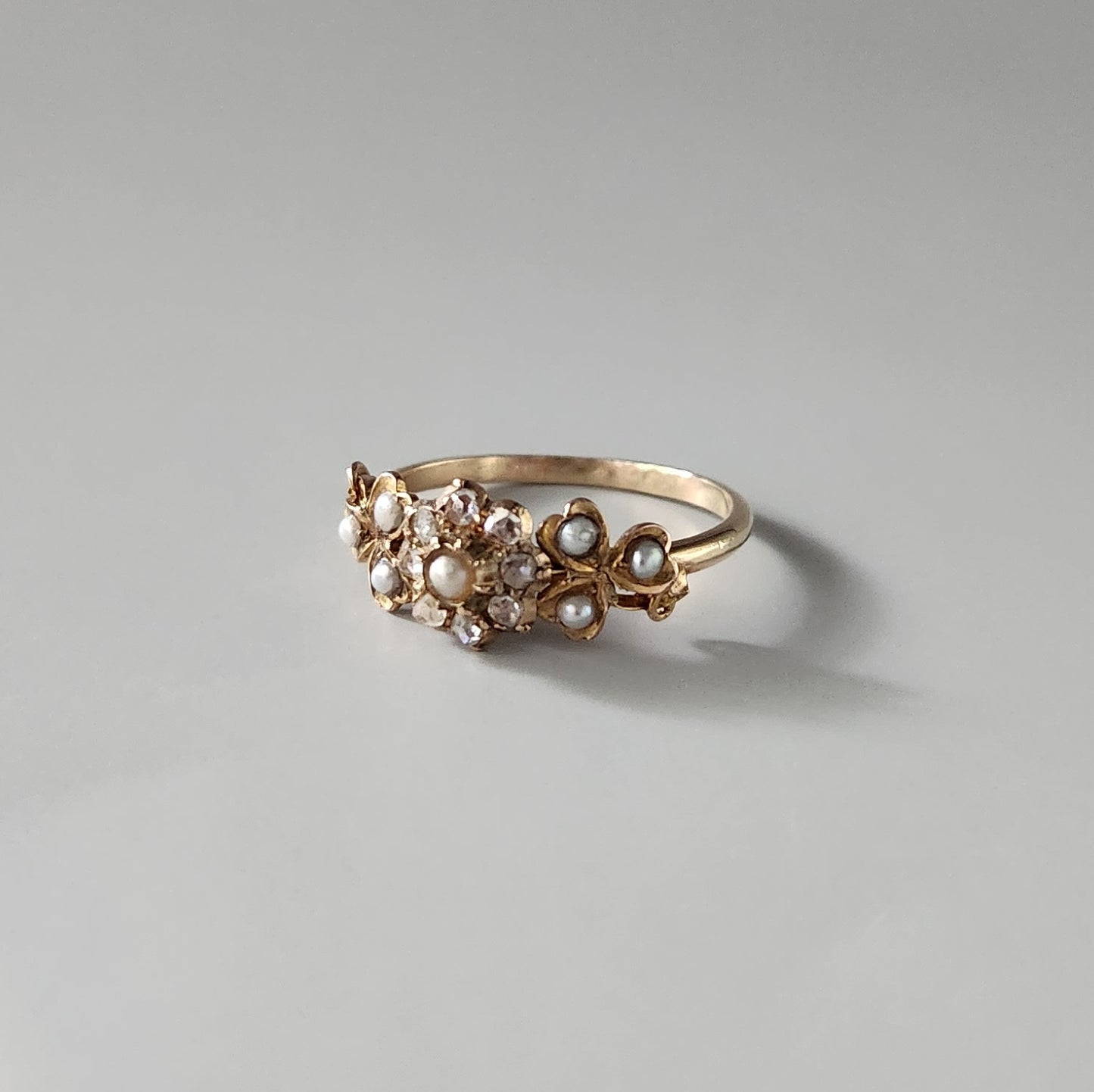 15ct Yellow Gold Antique Rose Cut Diamond & Pearl Ring