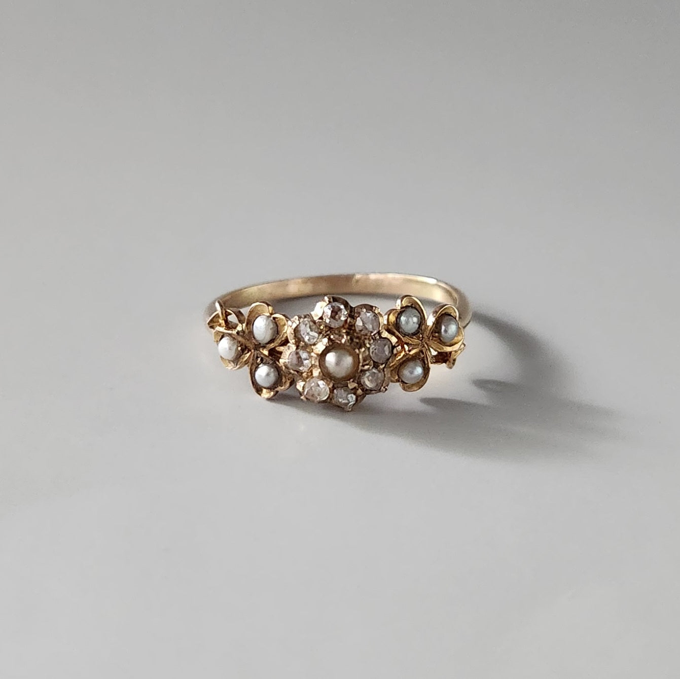 15ct Yellow Gold Antique Rose Cut Diamond & Pearl Ring