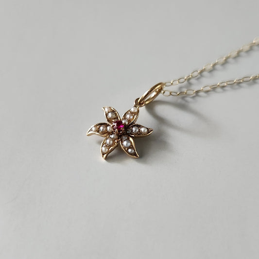 14ct Yellow Gold Pearl & Ruby Flower Pendant