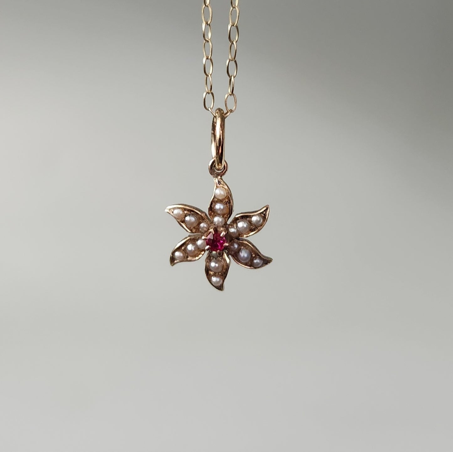 14ct Yellow Gold Pearl & Ruby Flower Pendant