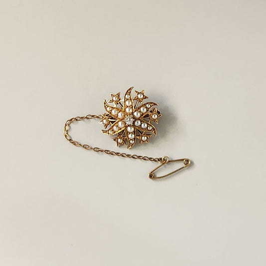 15ct Yellow Gold Seed Pearl & Diamond Starburst Brooch/Pendant